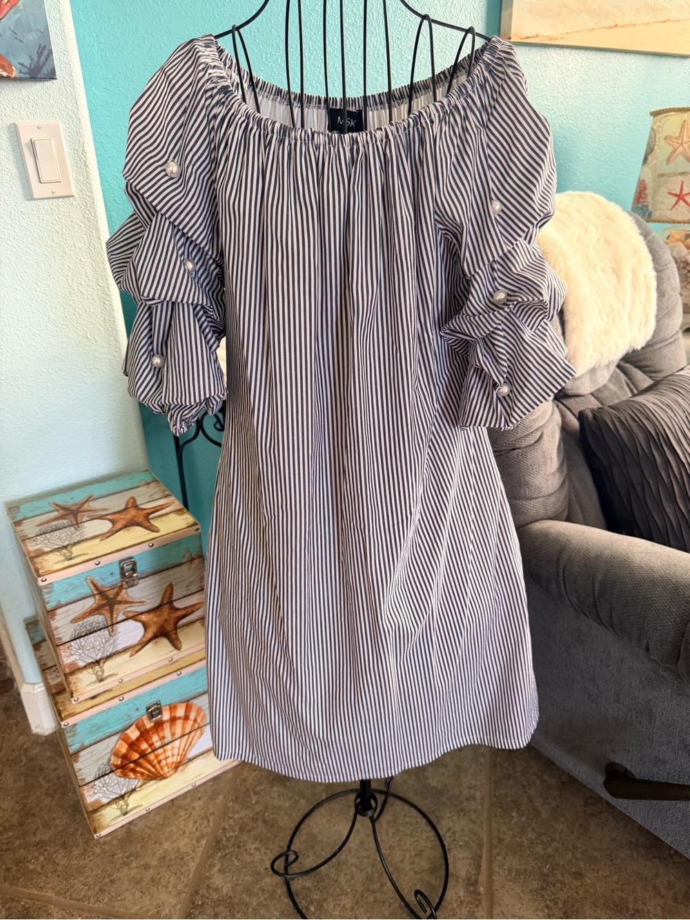 MSK Navy and White Striped Off-Shoulder Top